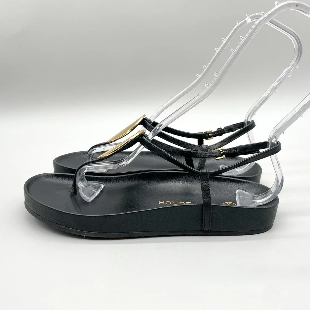 Tory Burch Patos Disk Sandals Womens 7.5 Black Leather Thong Slingback Flat Shoe